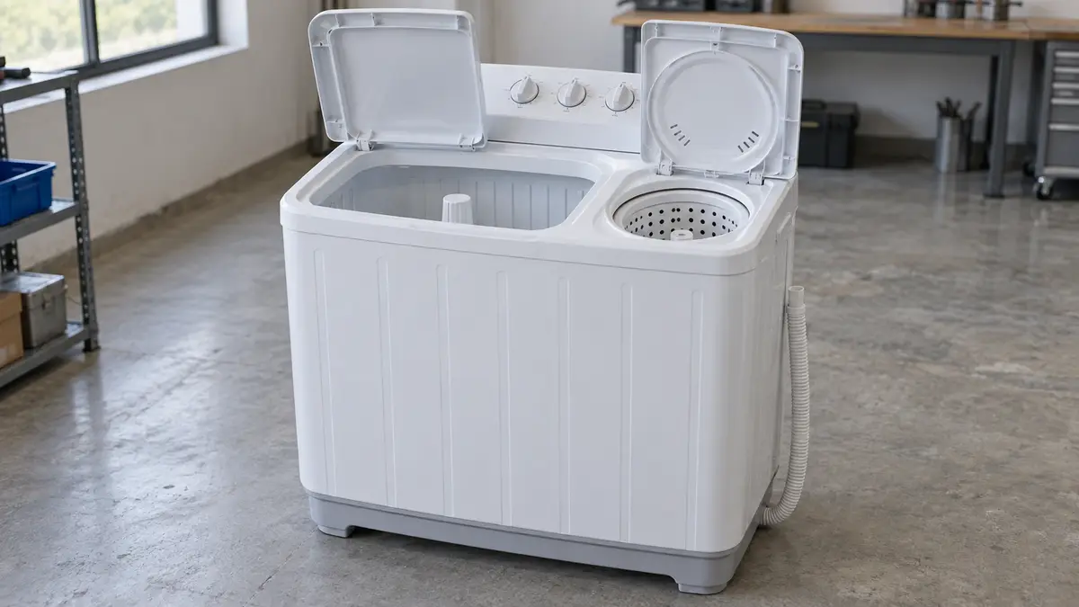 Illustrative image of twin-tub washing machines on a workshop surface.