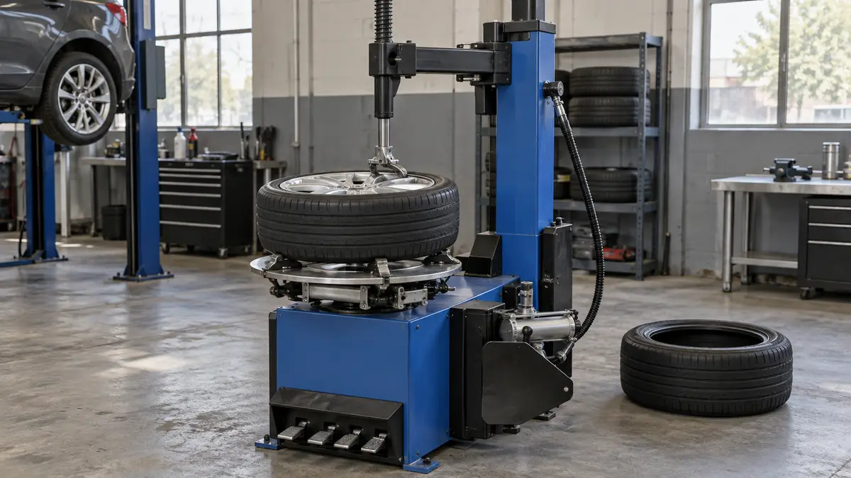 Illustrative image of tyre changing machines on a workshop surface.