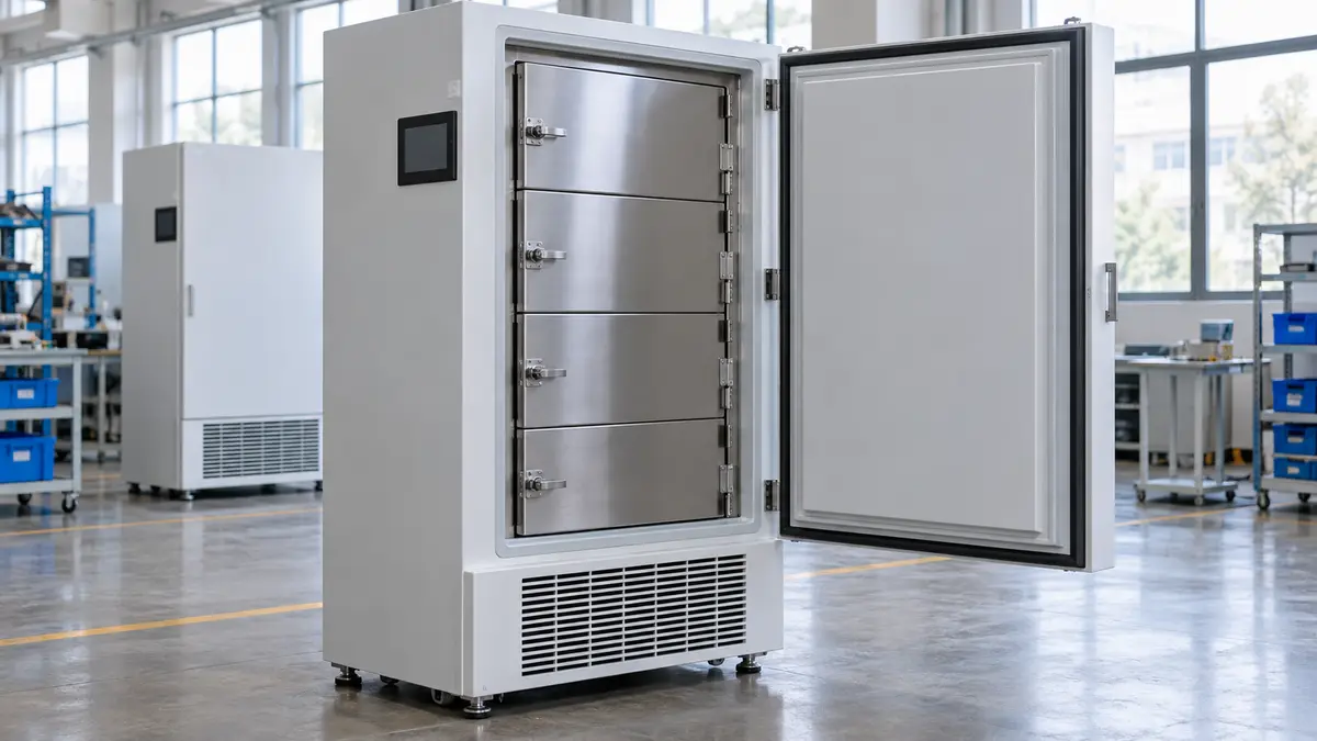 Illustrative image of ultra-low temperature freezers on a workshop surface.