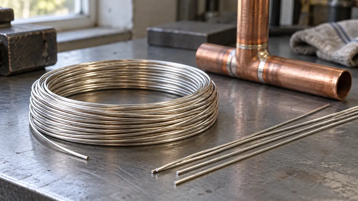 Illustrative image of uncoated silver brazing wire on a workshop surface.