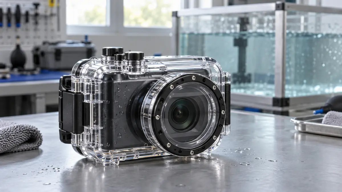 Illustrative image of underwater digital cameras on a workshop surface.