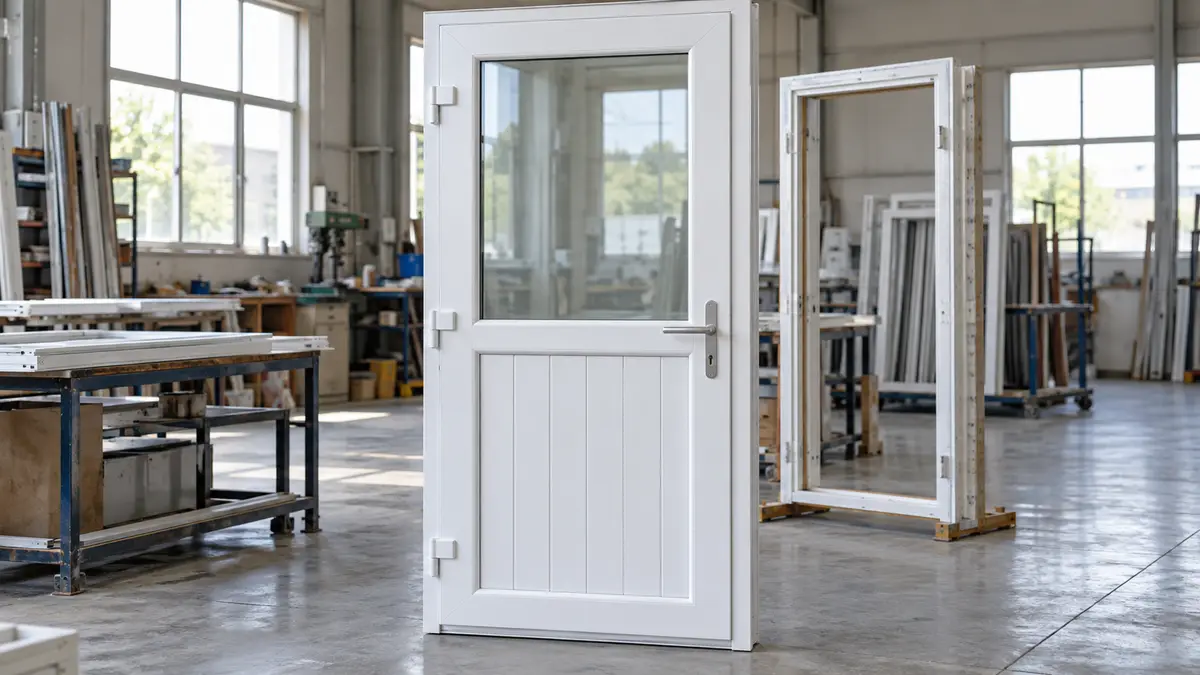 Illustrative image of uPVC external doors on a workshop surface.