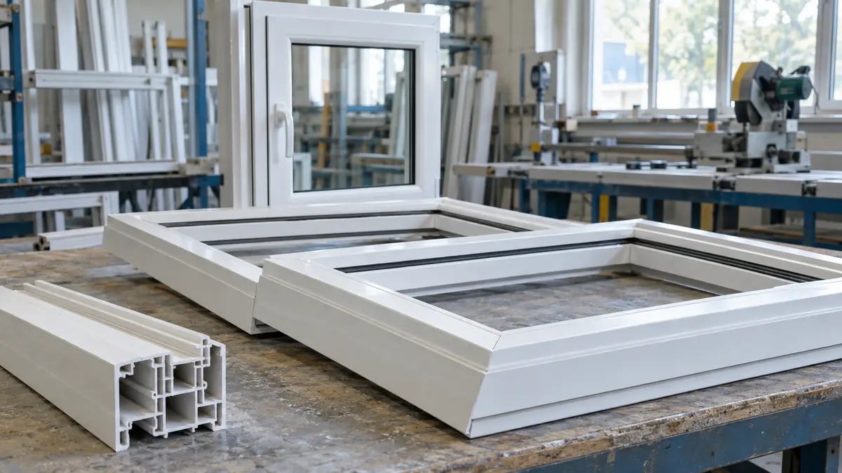 Illustrative image of uPVC window frames on a workshop surface.