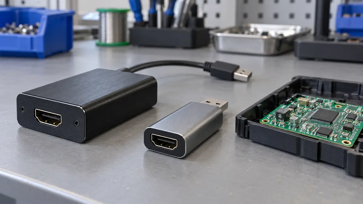 Illustrative image of USB video capture cards on a workshop surface.