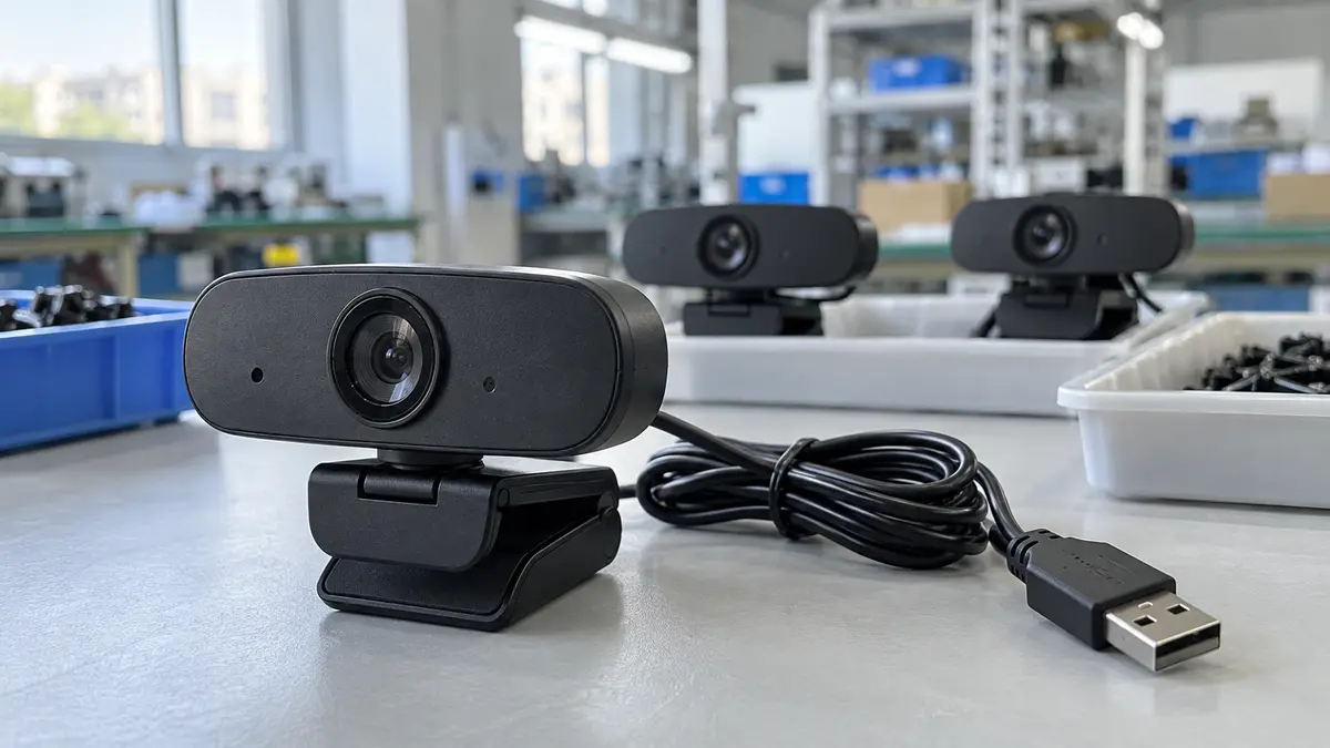 Illustrative image of USB webcams on a workshop surface.