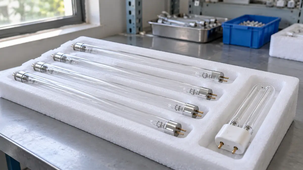 Illustrative image of UV-C germicidal lamps on a workshop surface.