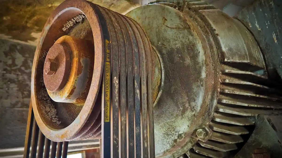 Old machinery with gears and a V-belt drive in an abandoned industrial building.