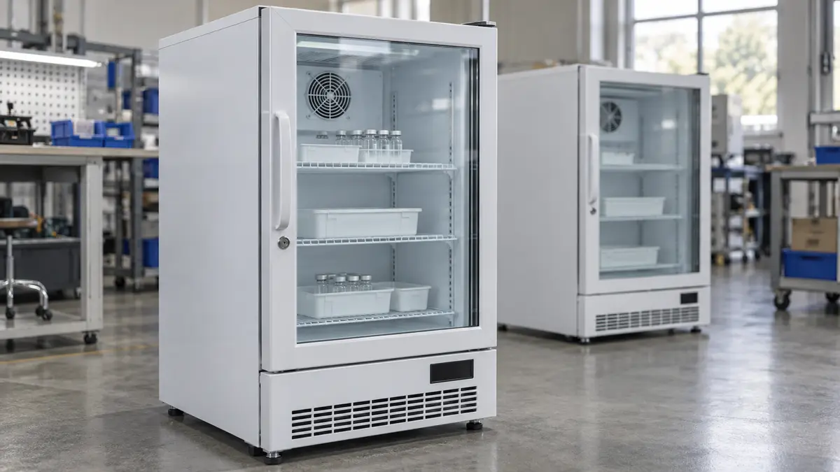 Illustrative image of vaccine fridges on a workshop surface.