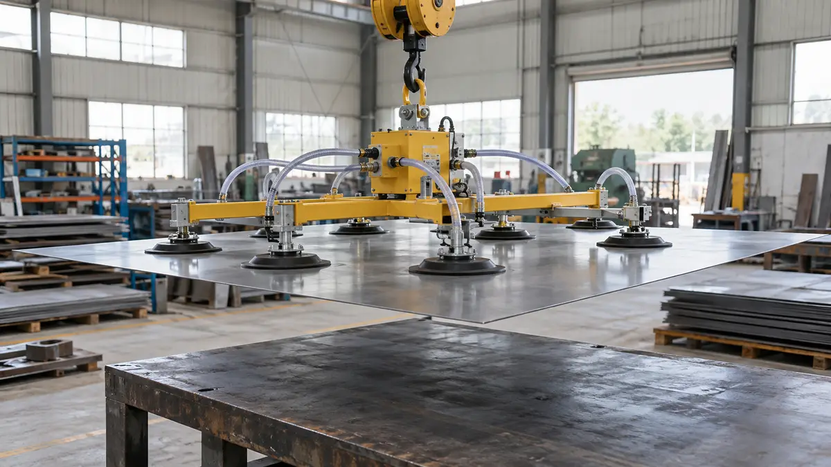 Illustrative image of vacuum lifting machines on a workshop surface.