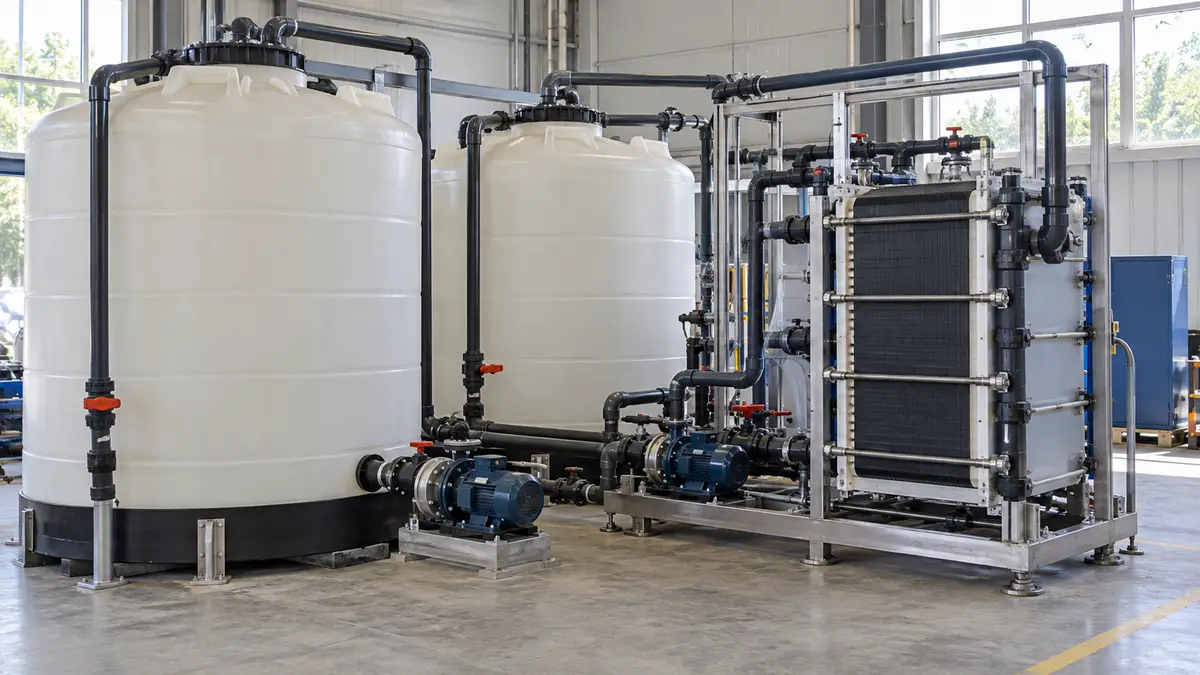 Illustrative image of vanadium flow batteries on a workshop surface.