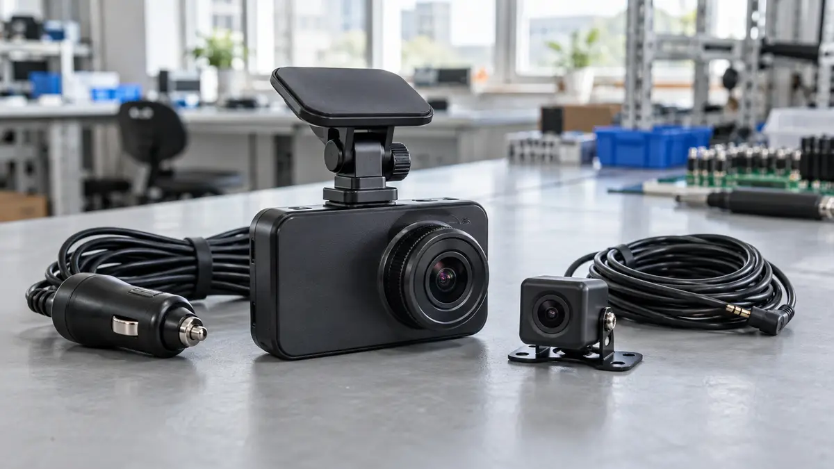 Illustrative image of vehicle dash cameras on a workshop surface.