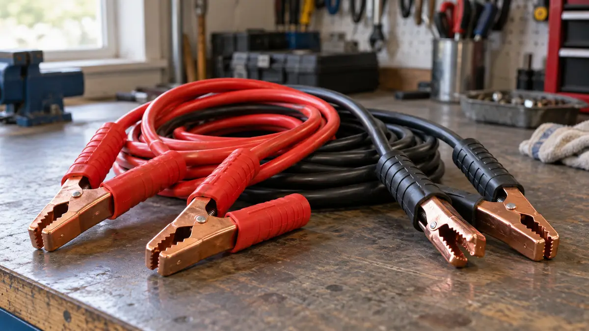 Illustrative image of vehicle jump leads on a workshop surface.