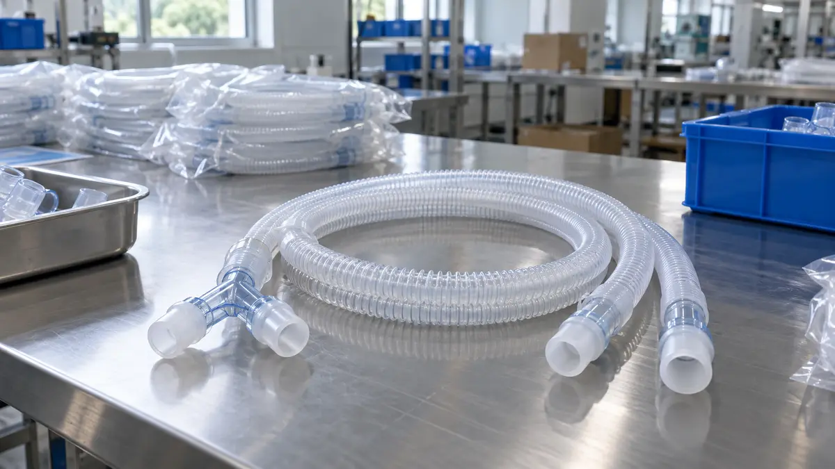 Illustrative image of ventilator breathing circuits on a workshop surface.