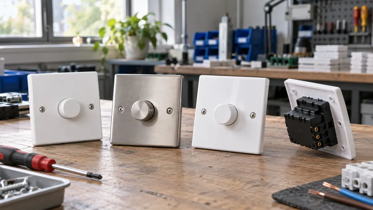 Illustrative image of wall dimmer switches on a workshop surface.