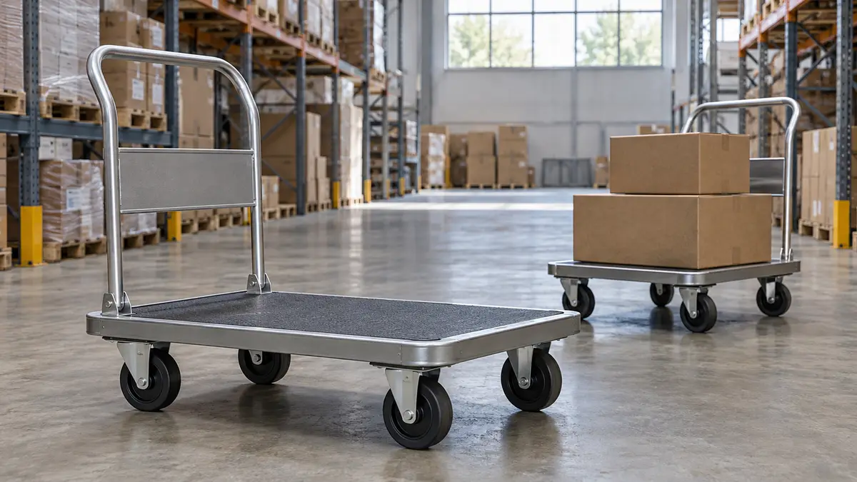 Illustrative image of warehouse platform trolleys on a workshop surface.