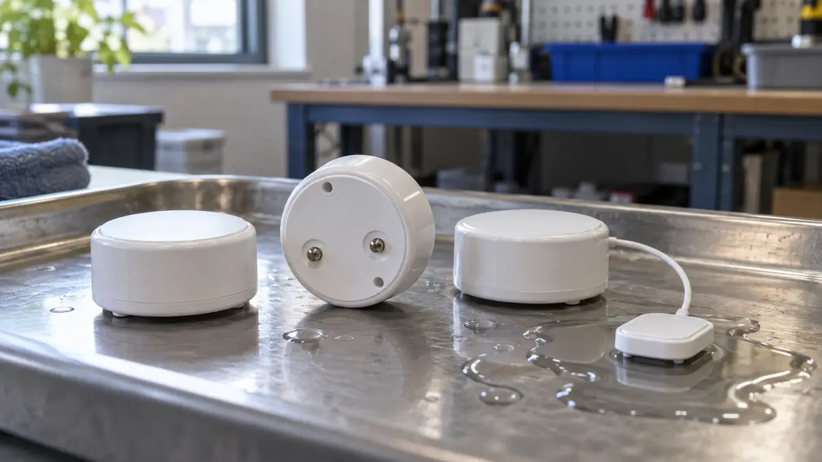 Illustrative image of water leak alarms on a workshop surface.
