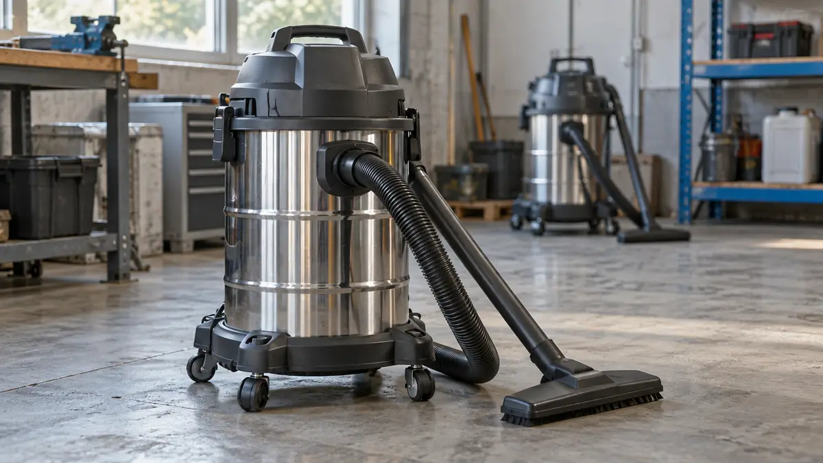 Illustrative image of wet and dry vacuum cleaners on a workshop surface.