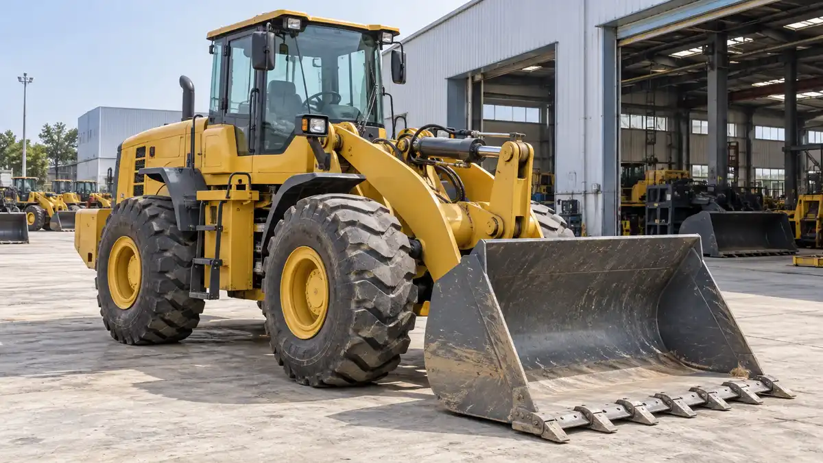 Illustrative image of wheel loaders on a workshop surface.