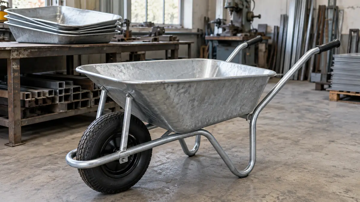 Illustrative image of wheelbarrows on a workshop surface.
