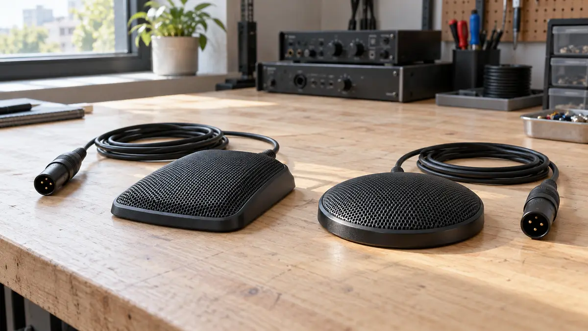 Illustrative image of wired boundary microphones on a workshop surface.