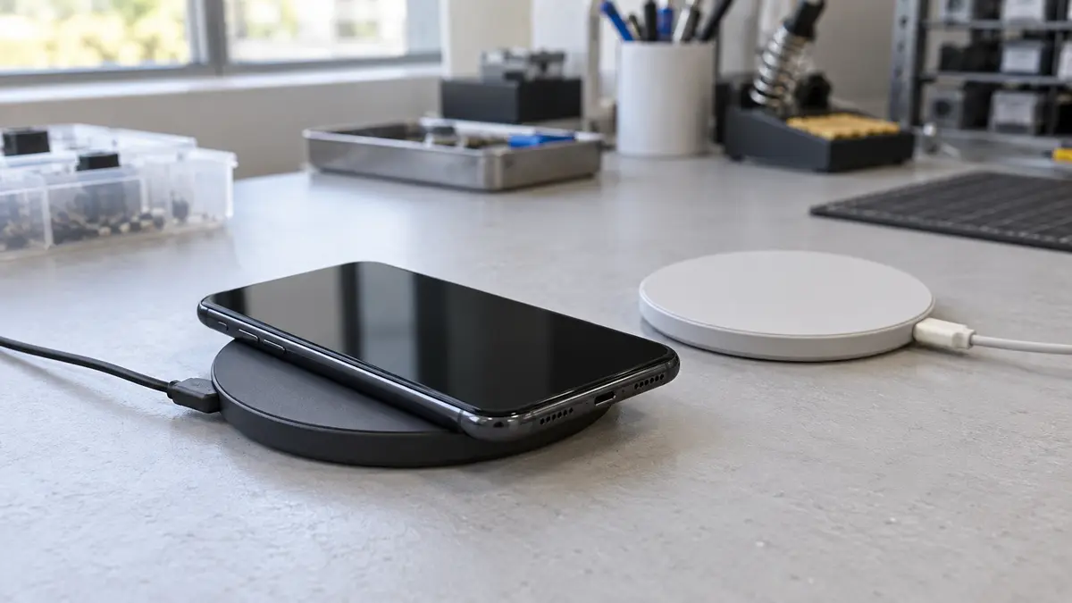 Illustrative image of wireless charging pads on a workshop surface.