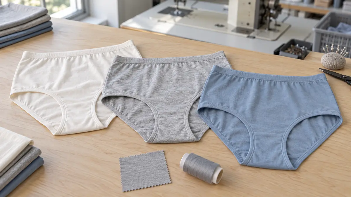 Illustrative image of women's knitted briefs on a workshop surface.