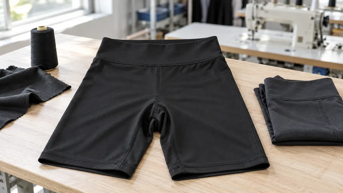 Illustrative image of women's cycling shorts on a workshop surface.