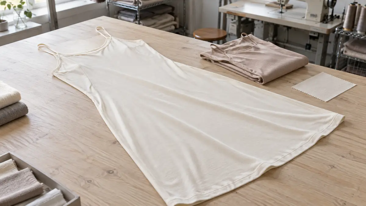 Illustrative image of women's knitted full slips on a workshop surface.