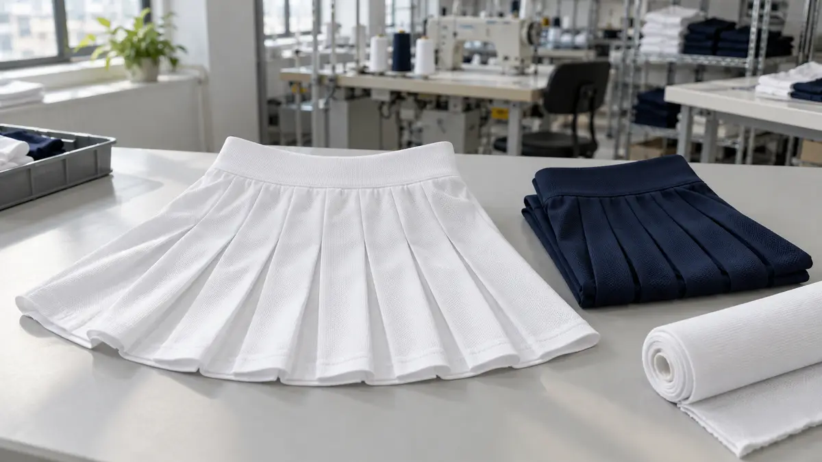 Illustrative image of women's knitted tennis skirts on a workshop surface.