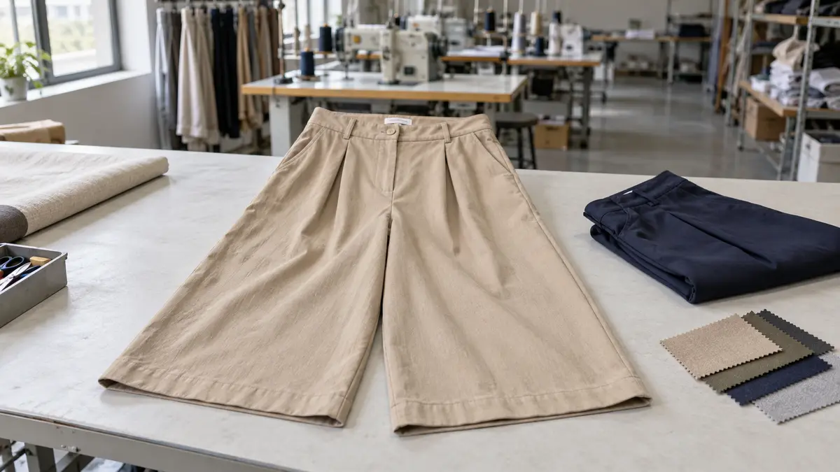 Illustrative image of women's woven culottes on a workshop surface.