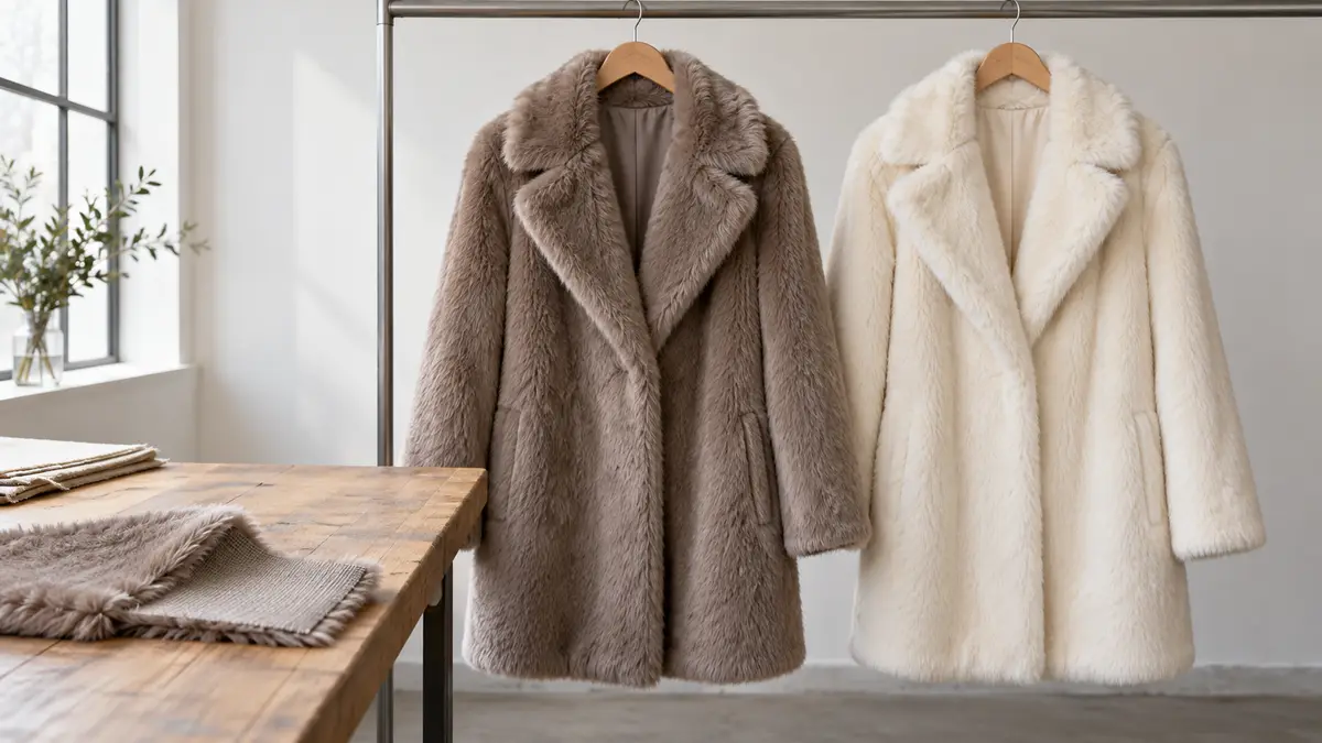 Illustrative image of women's woven faux-fur coats on a workshop surface.