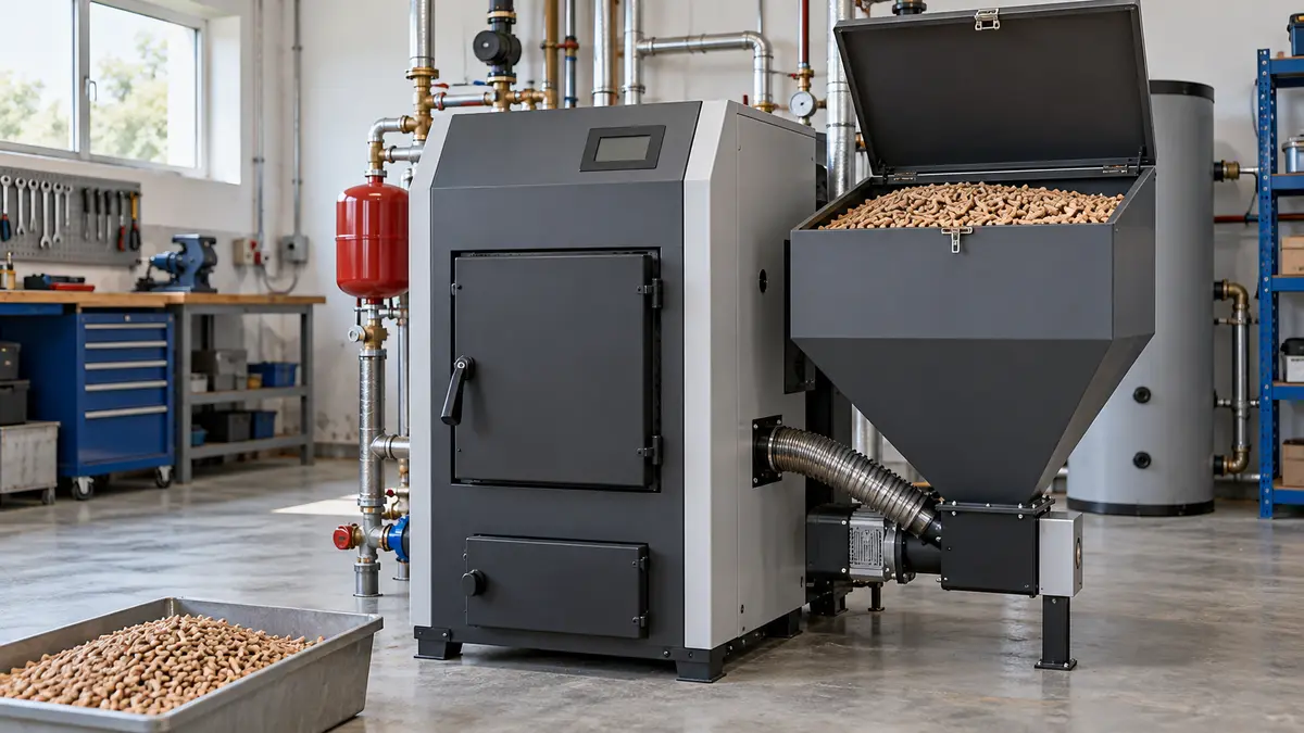Illustrative image of wood pellet boilers on a workshop surface.