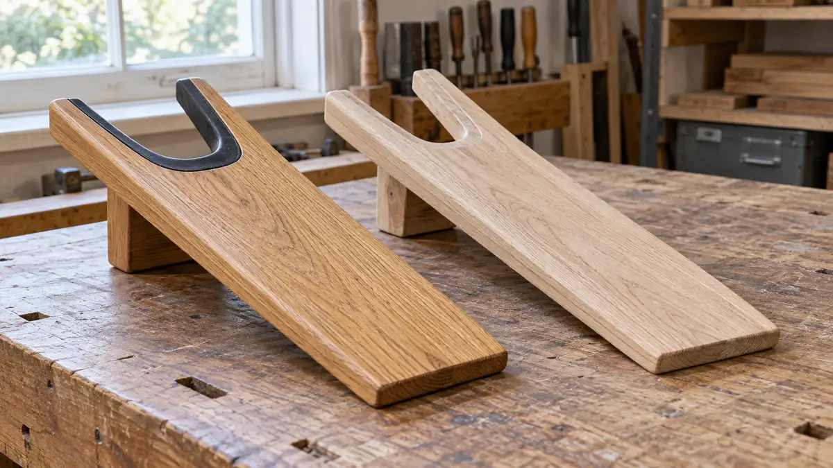 Illustrative image of wooden boot jacks on a workshop surface.