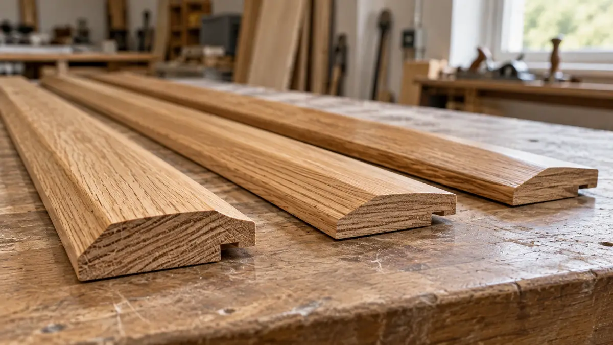 Illustrative image of wooden door thresholds on a workshop surface.