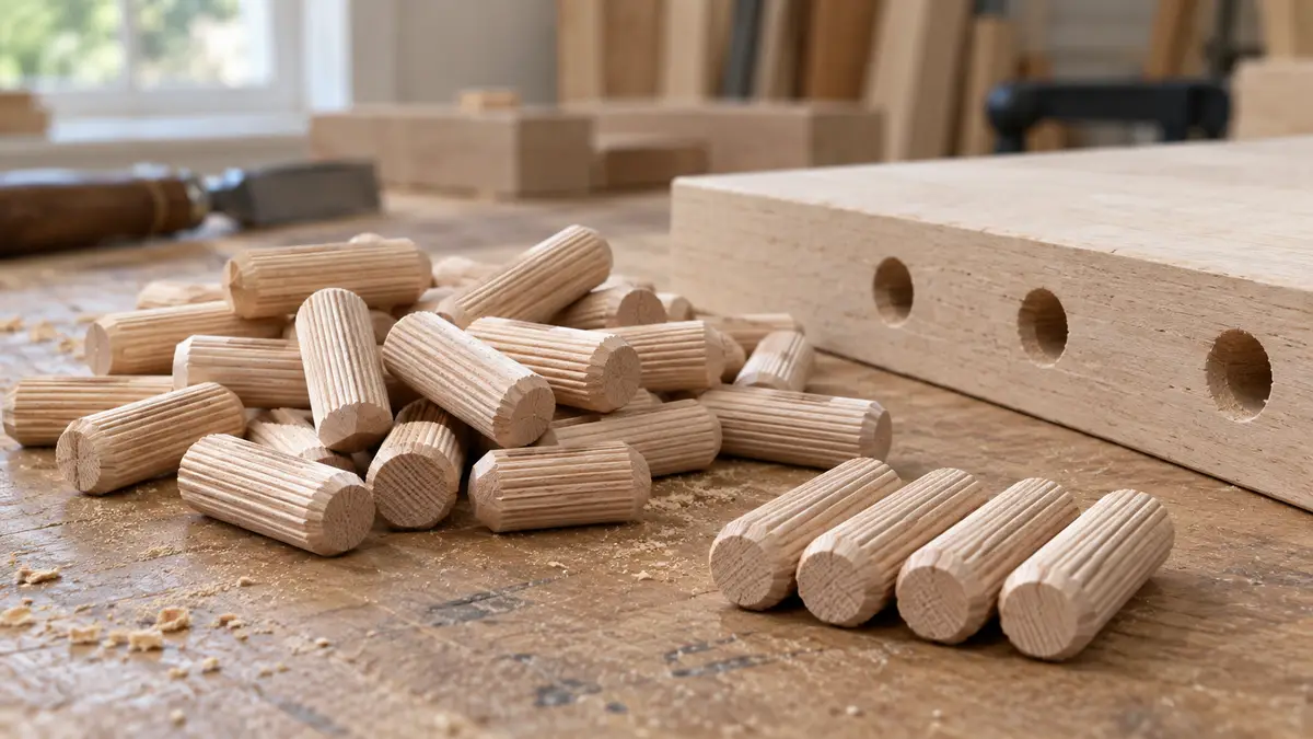 Illustrative image of wooden dowel pins on a workshop surface.