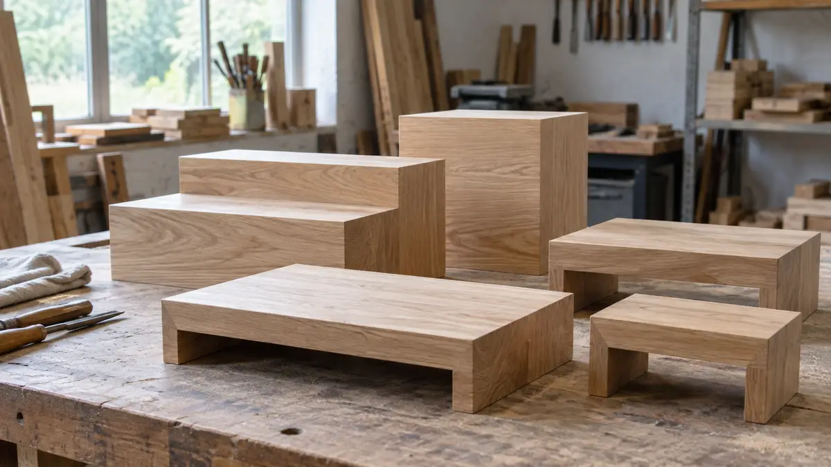Illustrative image of wooden retail display risers on a workshop surface.