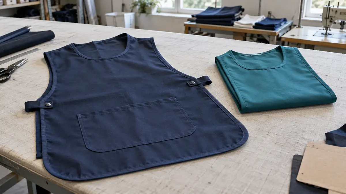 Illustrative image of woven cleaning tabards on a workshop surface.