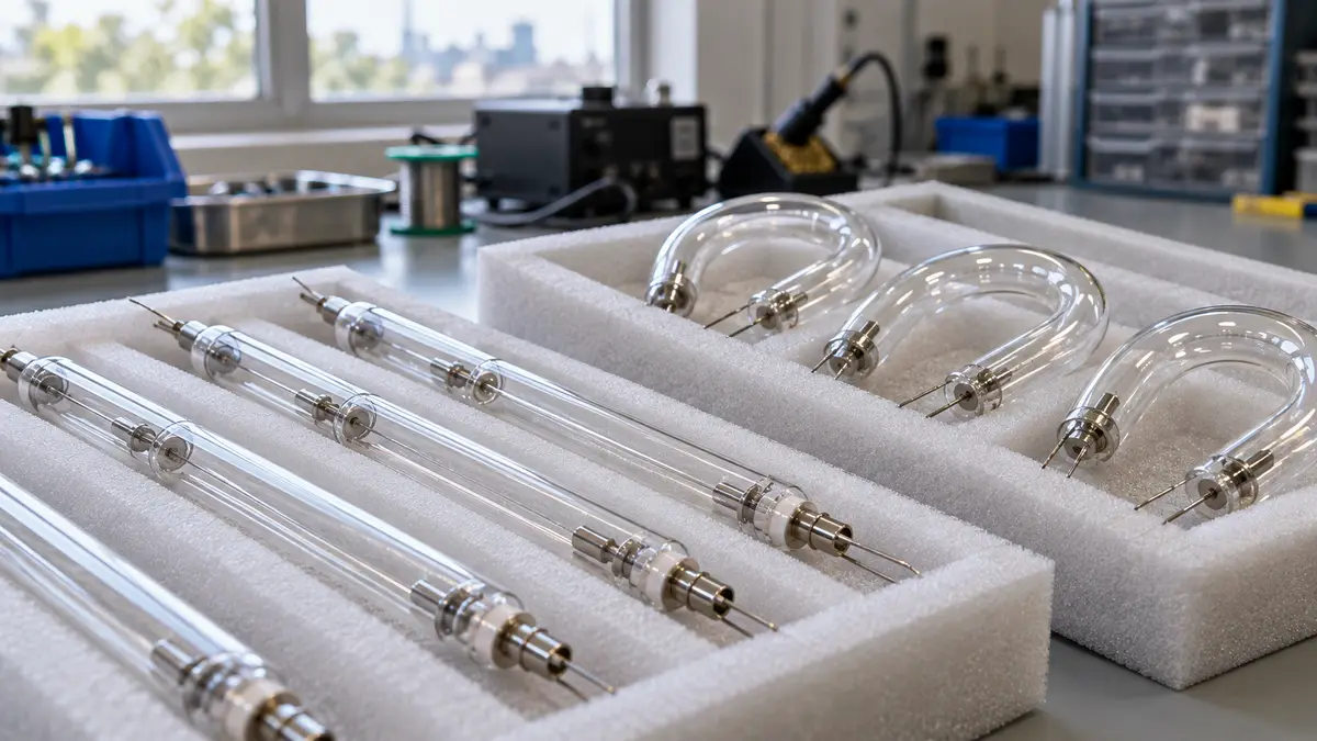 Illustrative image of xenon flash tubes on a workshop surface.